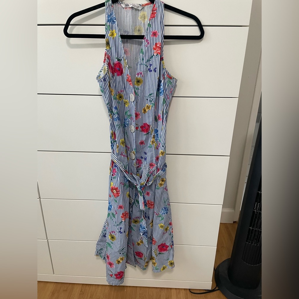 Zara blue striped and floral spring sleeveless midi dress with tie XS